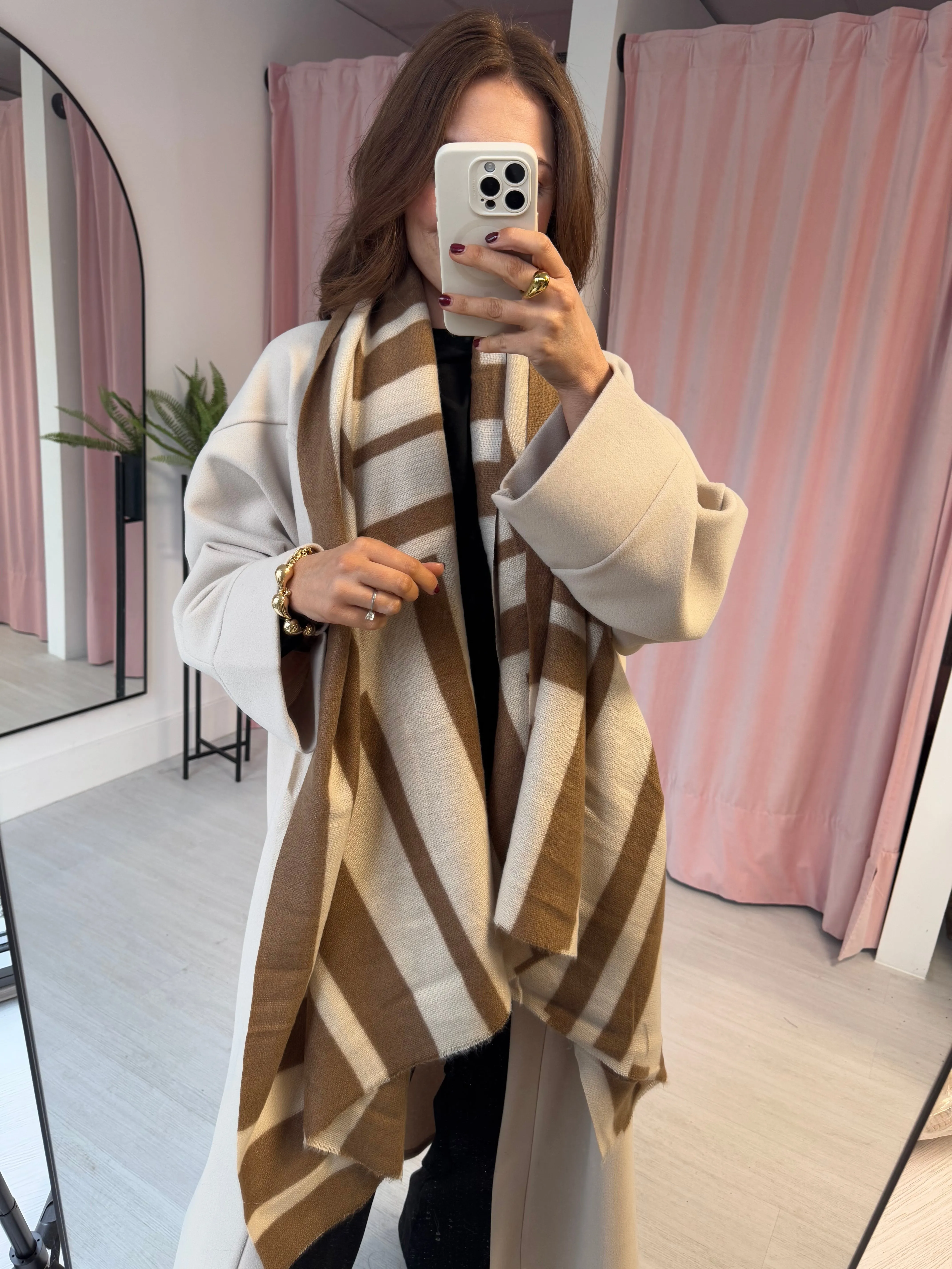 Abstract Line Print Scarf - Tan & Cream