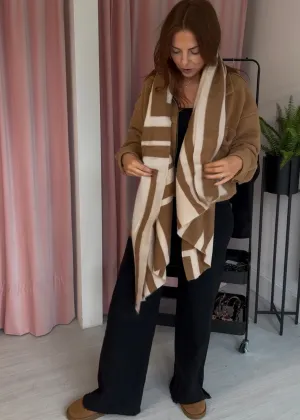 Abstract Line Print Scarf - Tan & Cream