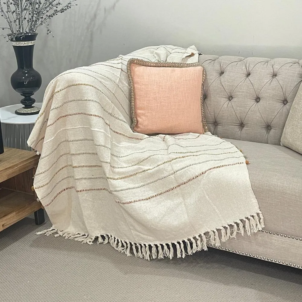 Bohemian Beige Stripe Cotton Wool Bedding Tufted Throw Blanket