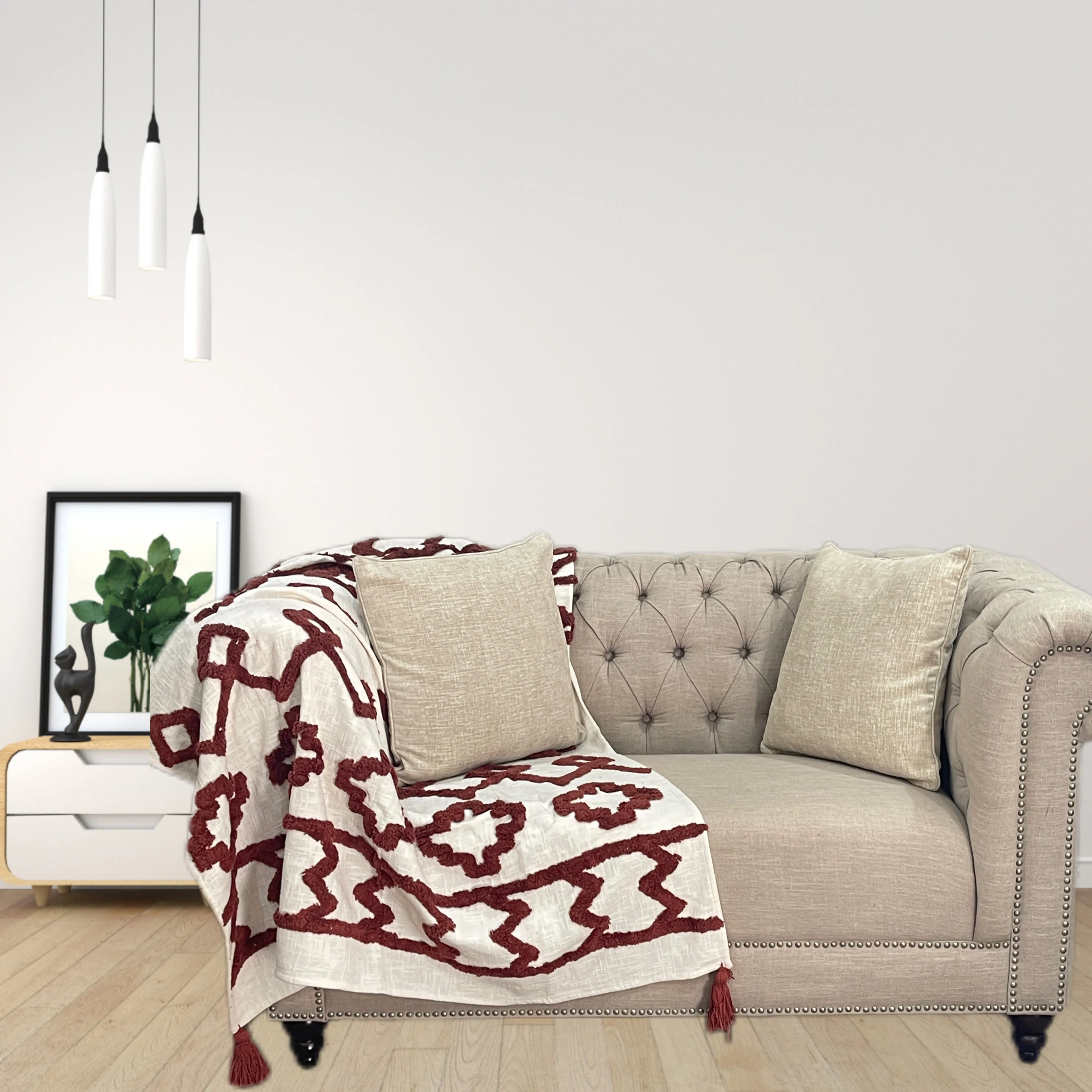 Bohemian Burgundy Cotton Bedding Tufted Throw Blanket