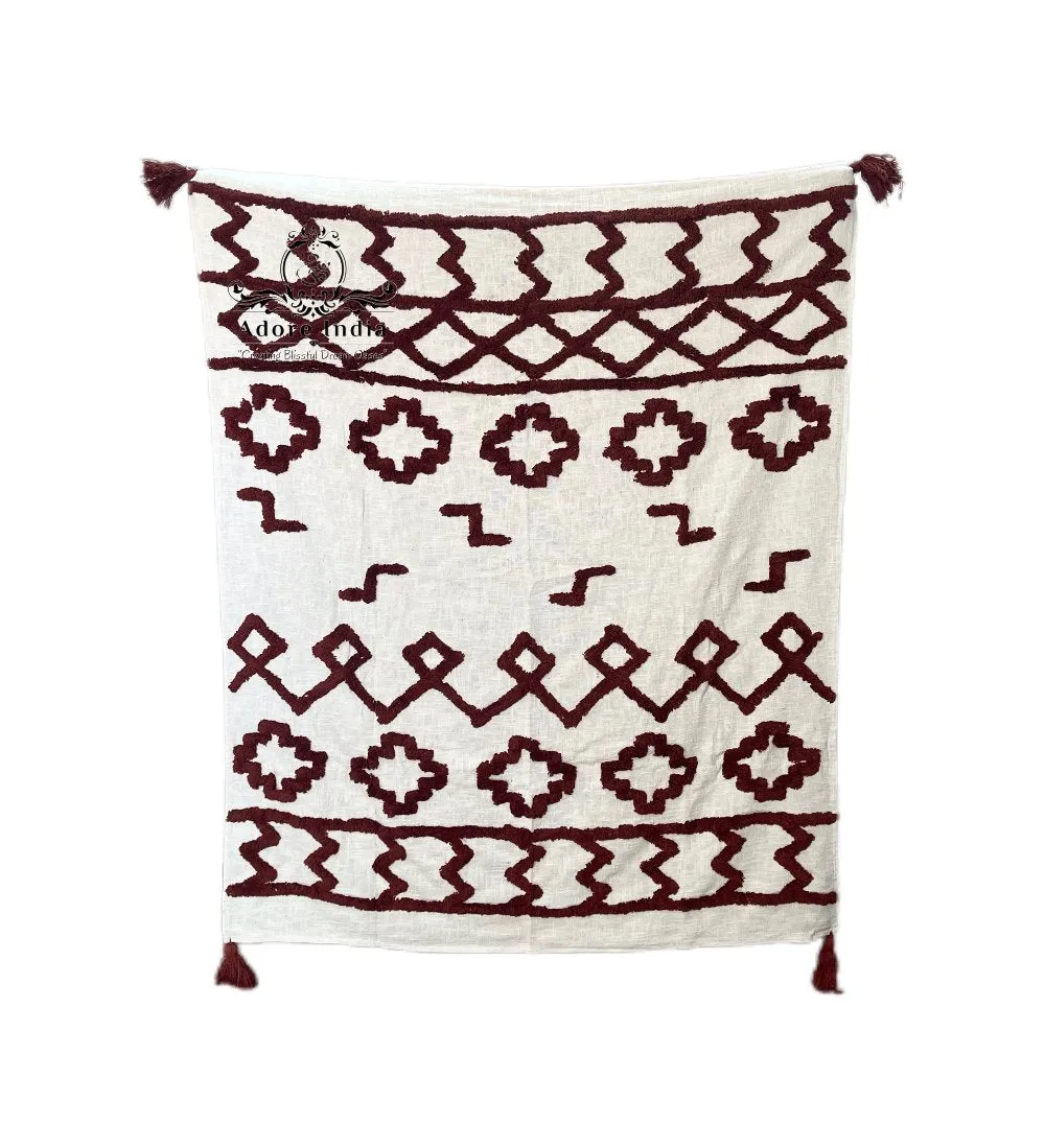 Bohemian Burgundy Cotton Bedding Tufted Throw Blanket
