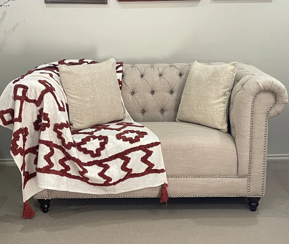 Bohemian Burgundy Cotton Bedding Tufted Throw Blanket