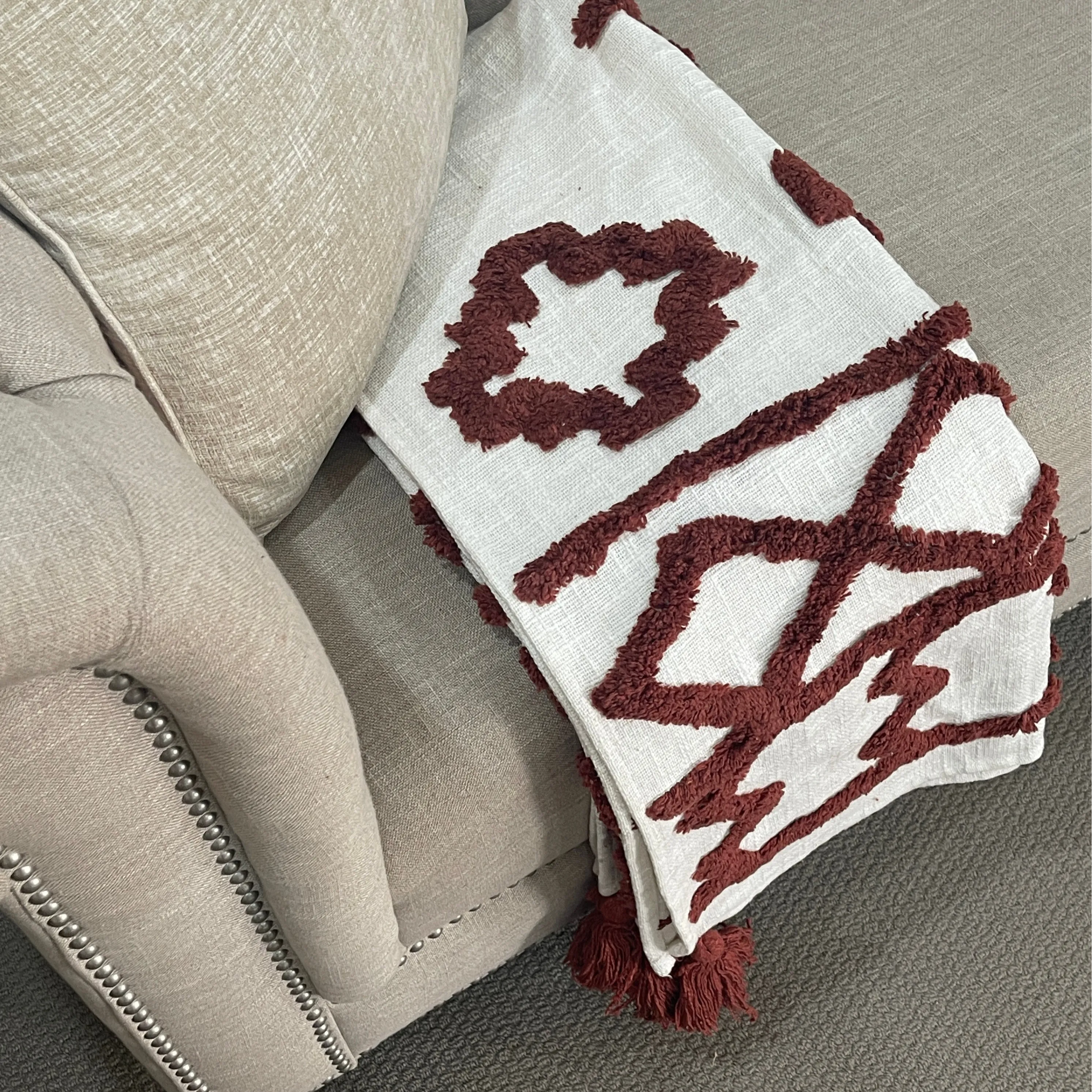 Bohemian Burgundy Cotton Bedding Tufted Throw Blanket