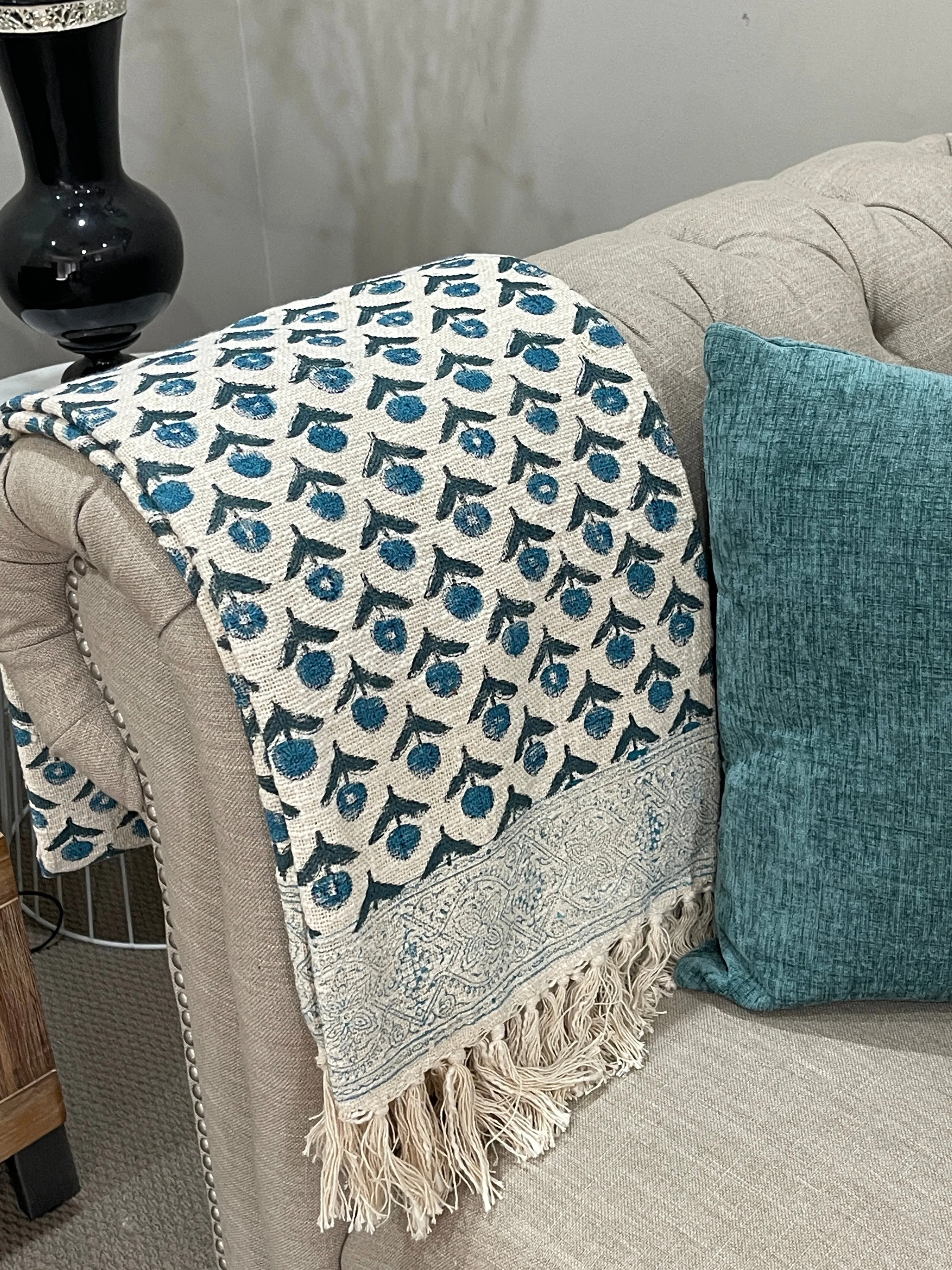 Bohemian Hand Block Blue Bud Cotton Bedding Blanket Throw