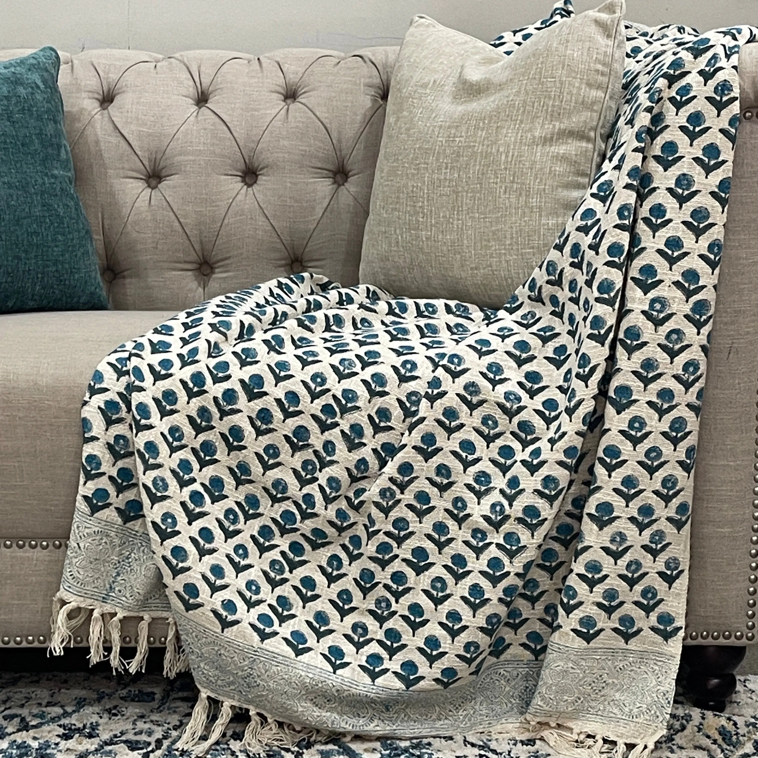 Bohemian Hand Block Blue Bud Cotton Bedding Blanket Throw