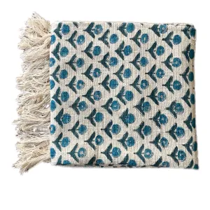 Bohemian Hand Block Blue Bud Cotton Bedding Blanket Throw