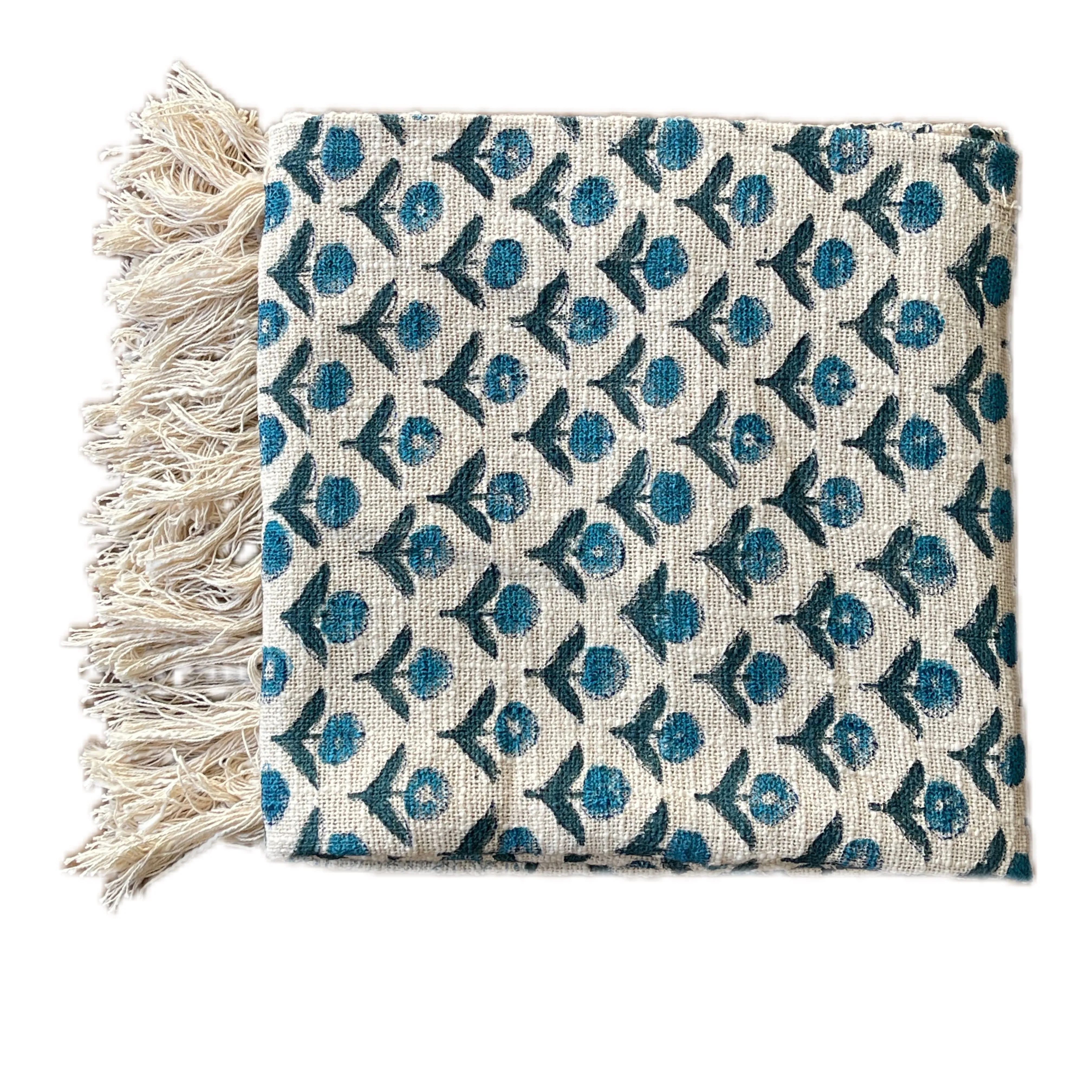 Bohemian Hand Block Blue Bud Cotton Bedding Blanket Throw