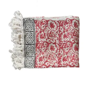 Bohemian Red Floral Hand Block Printed Cotton Bedding Throw Blanket