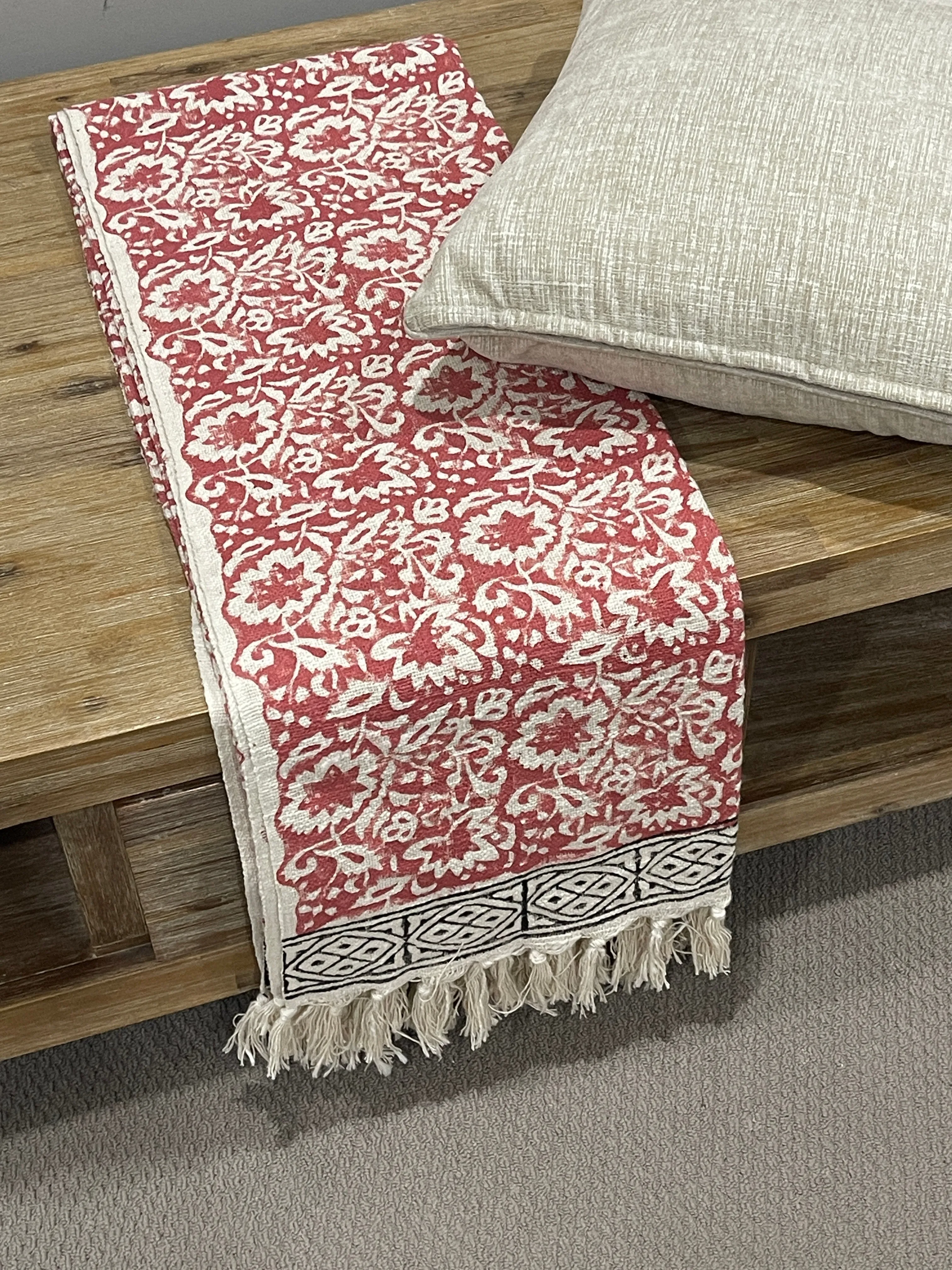 Bohemian Red Floral Hand Block Printed Cotton Bedding Throw Blanket