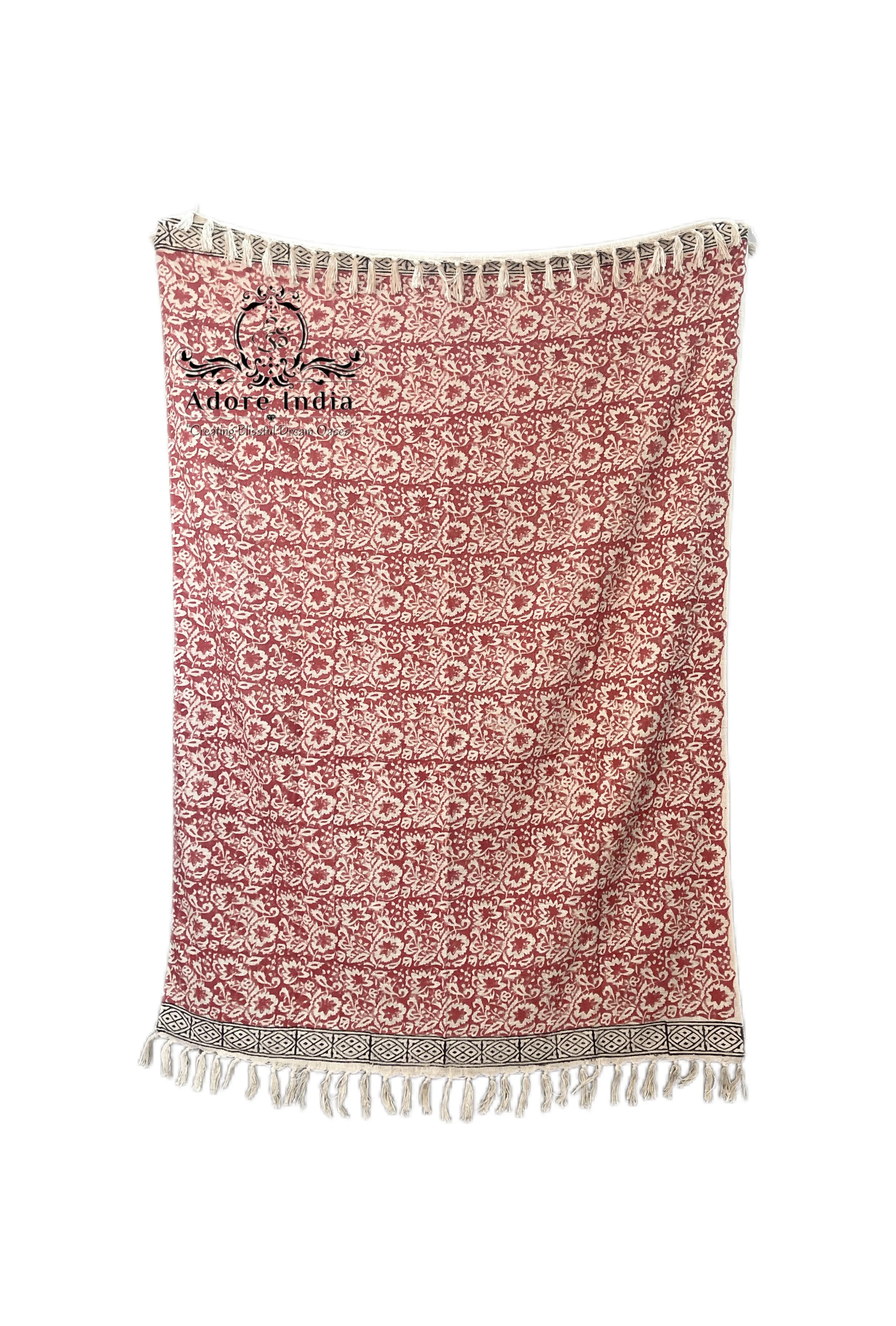 Bohemian Red Floral Hand Block Printed Cotton Bedding Throw Blanket