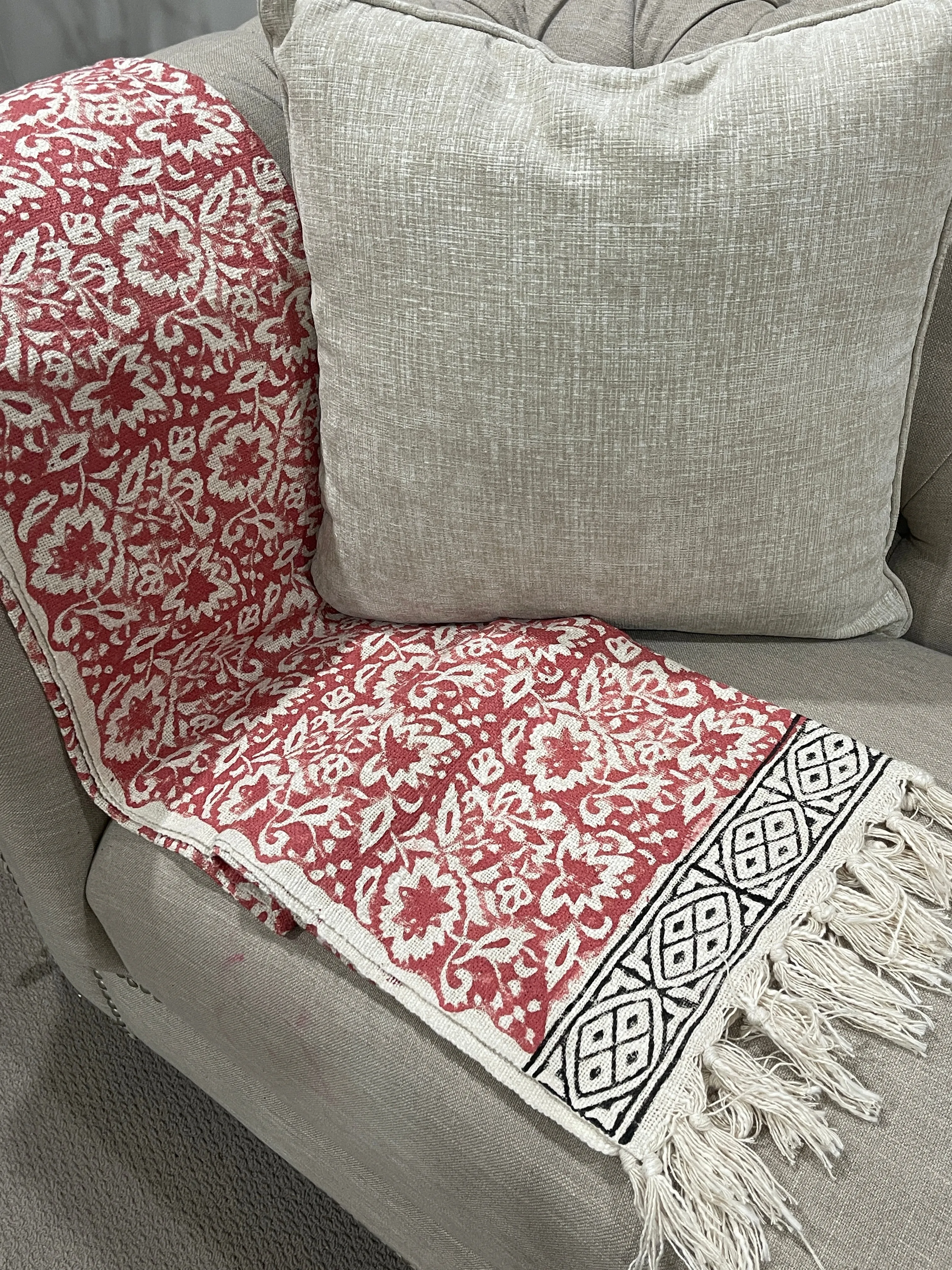 Bohemian Red Floral Hand Block Printed Cotton Bedding Throw Blanket