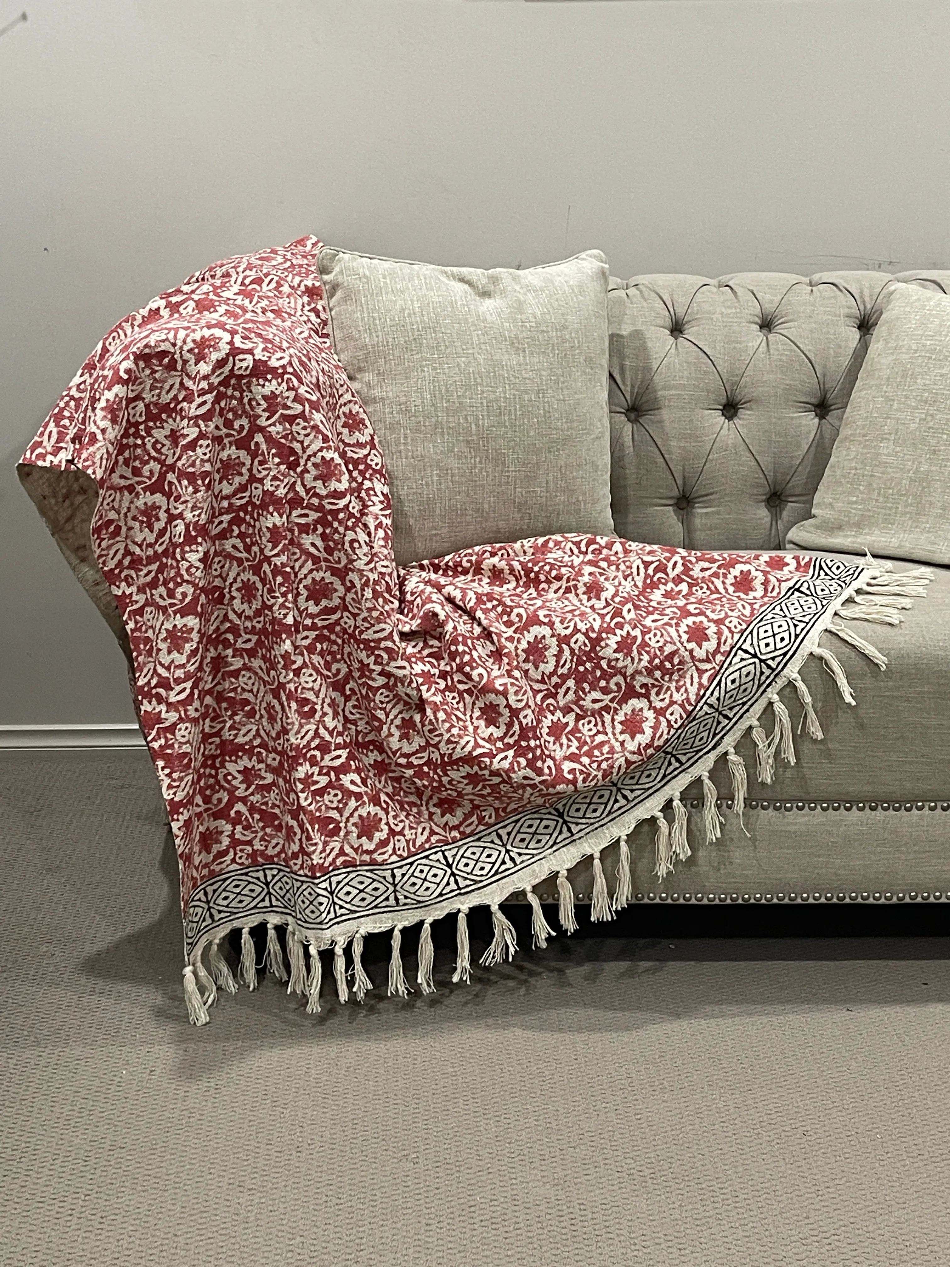 Bohemian Red Floral Hand Block Printed Cotton Bedding Throw Blanket