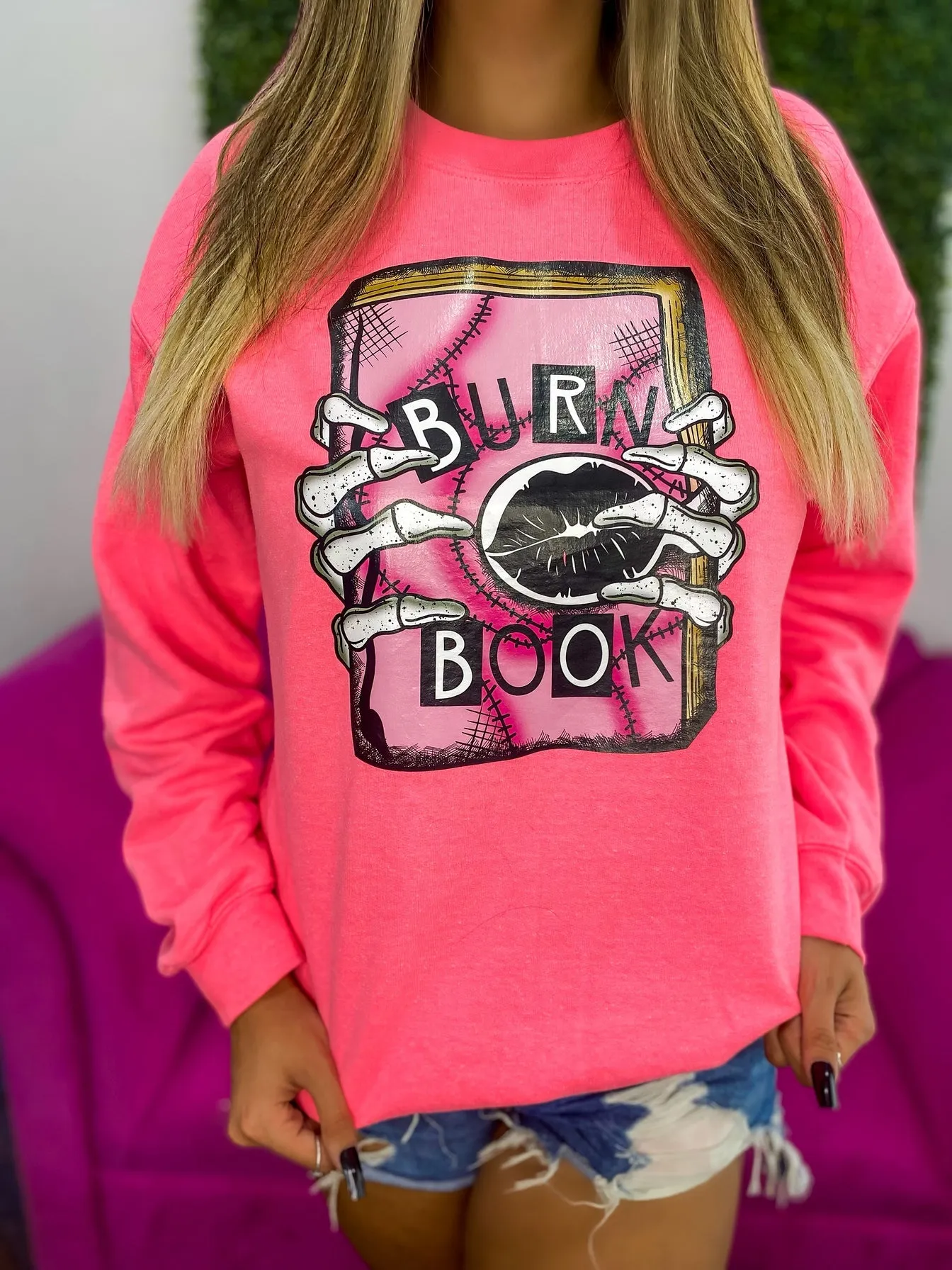 Burn Book Graphic Pullover - Neon Pink