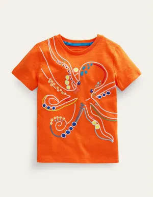 Chain Stitch T-shirt-Fire Opal Octopus