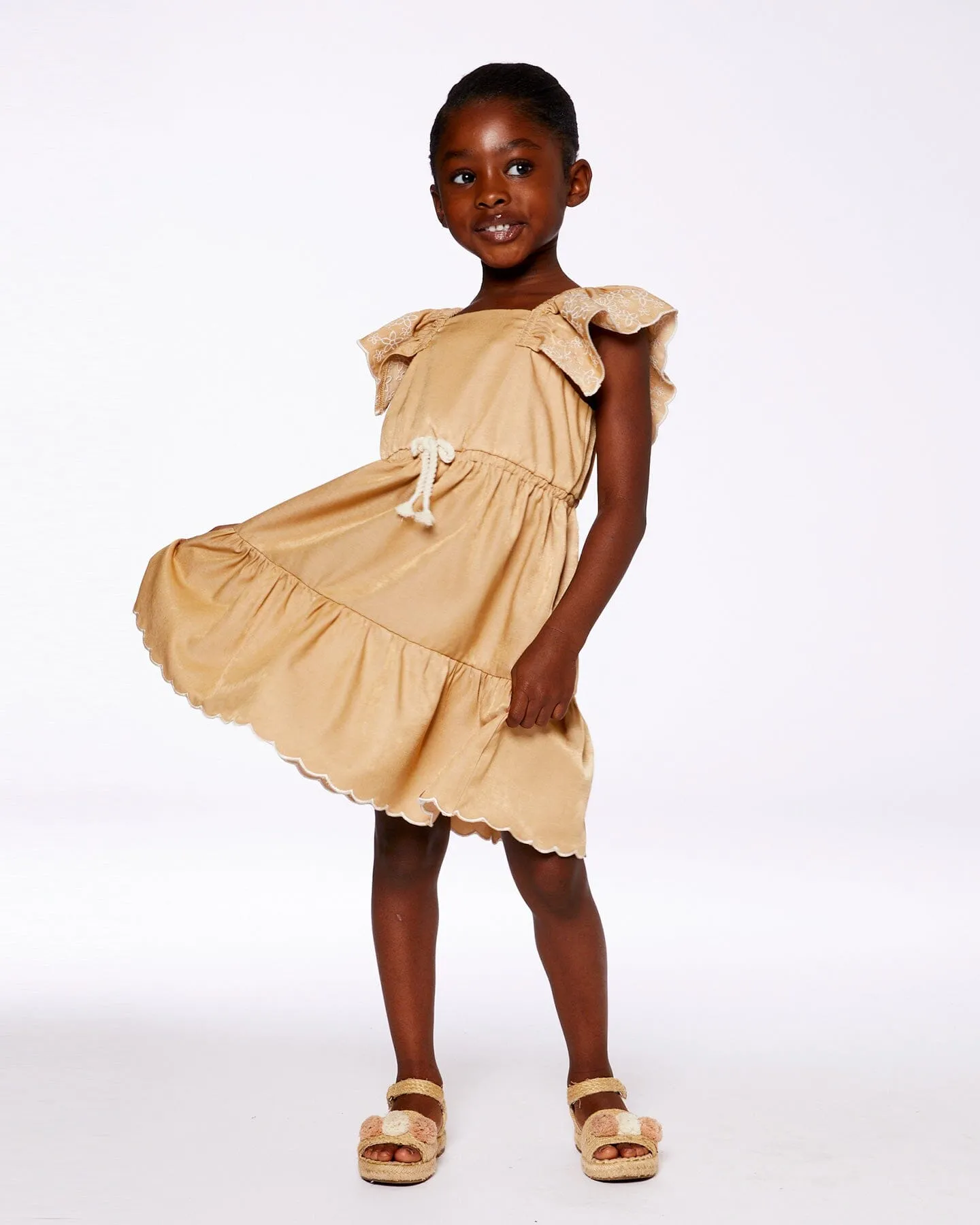 Chambray Dress With Embroidery Golden Beige