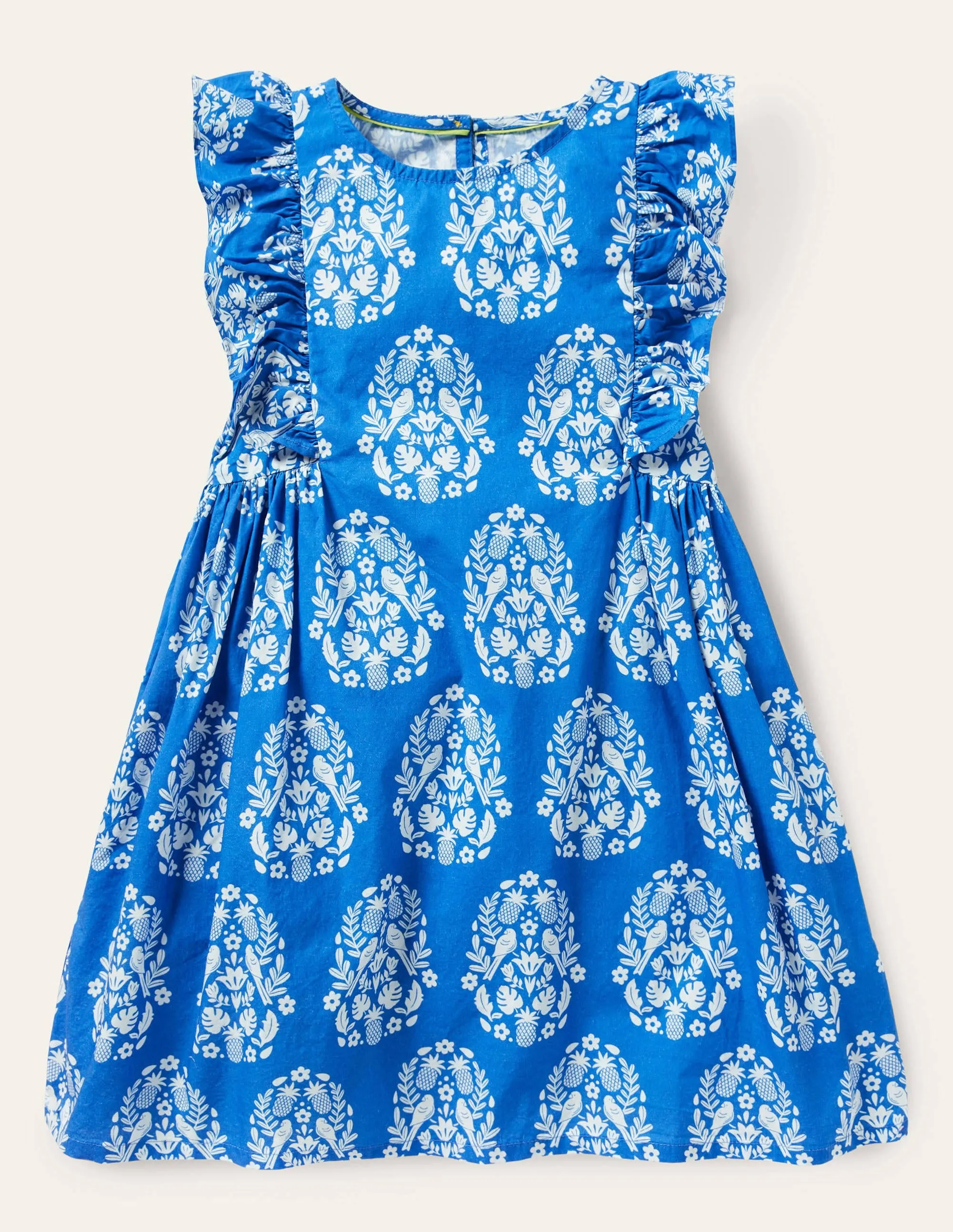 Frill Sleeve Printed Dress-Bright Marina Blue Woodblock