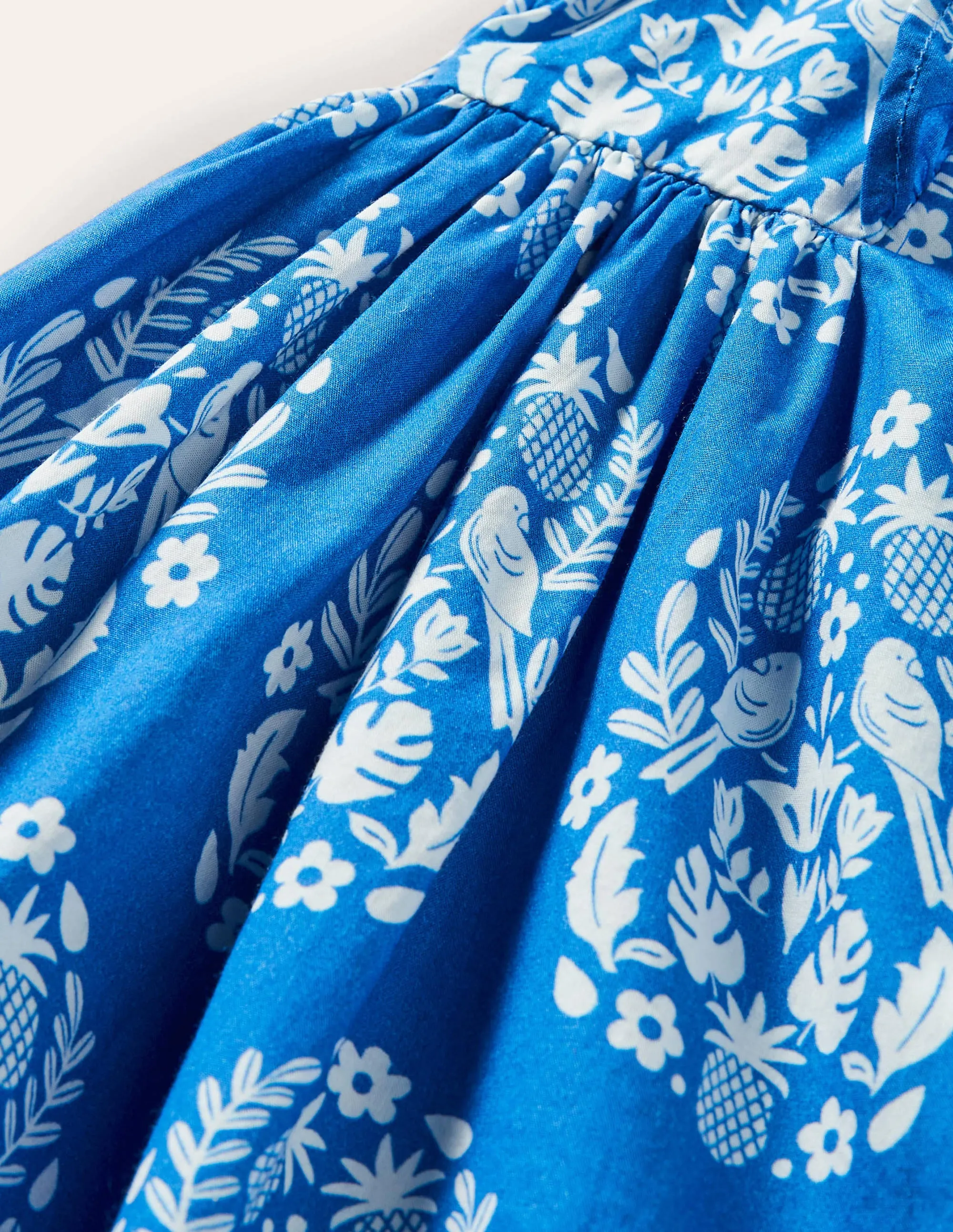 Frill Sleeve Printed Dress-Bright Marina Blue Woodblock