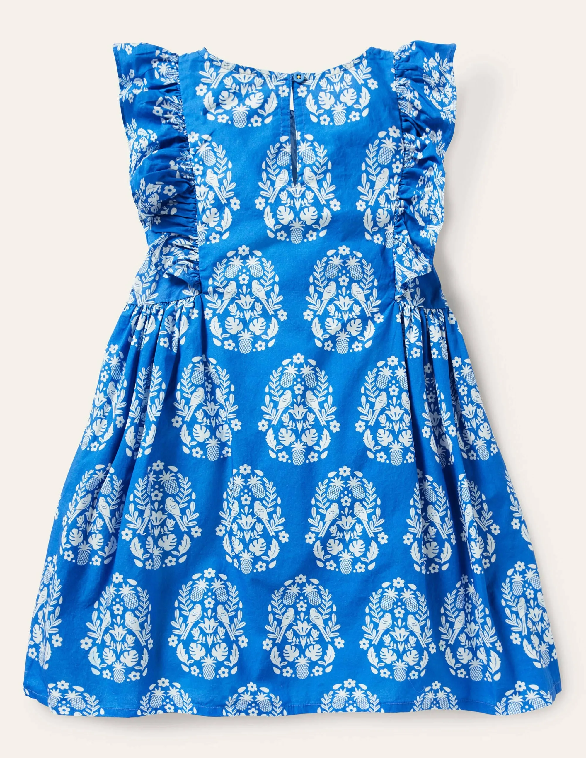 Frill Sleeve Printed Dress-Bright Marina Blue Woodblock