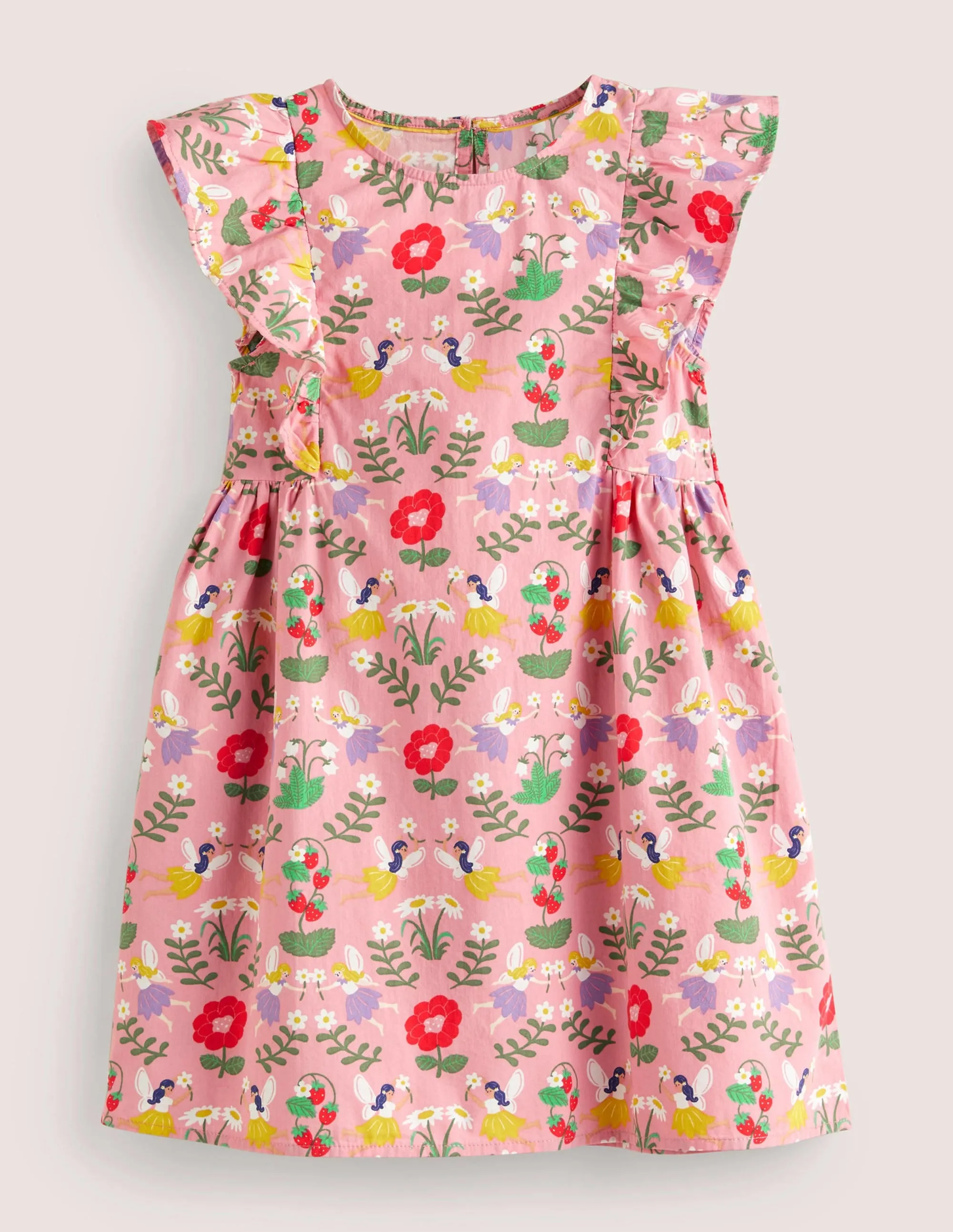 Frill Sleeve Printed Dress-Pink Fairies