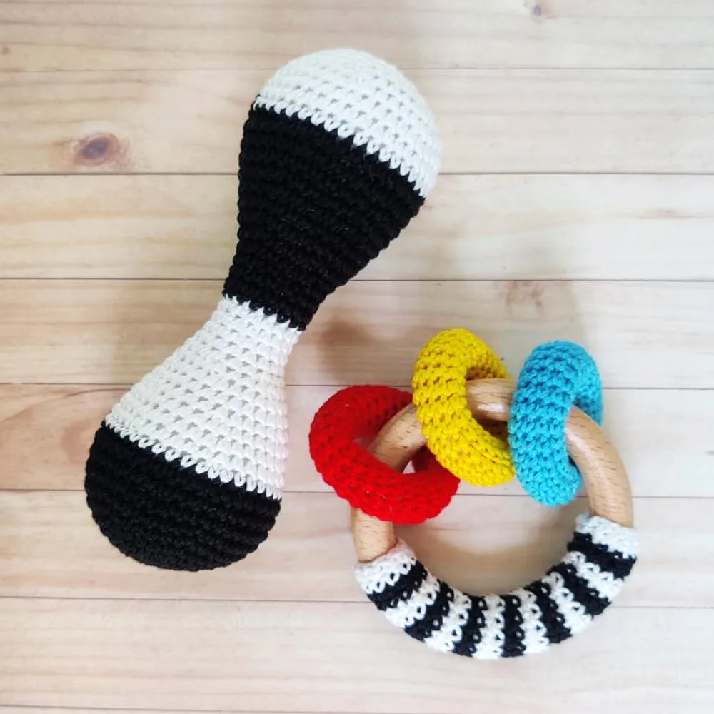 High Contrast Crochet and Wooden Rattles Set for Babies (0 Months )