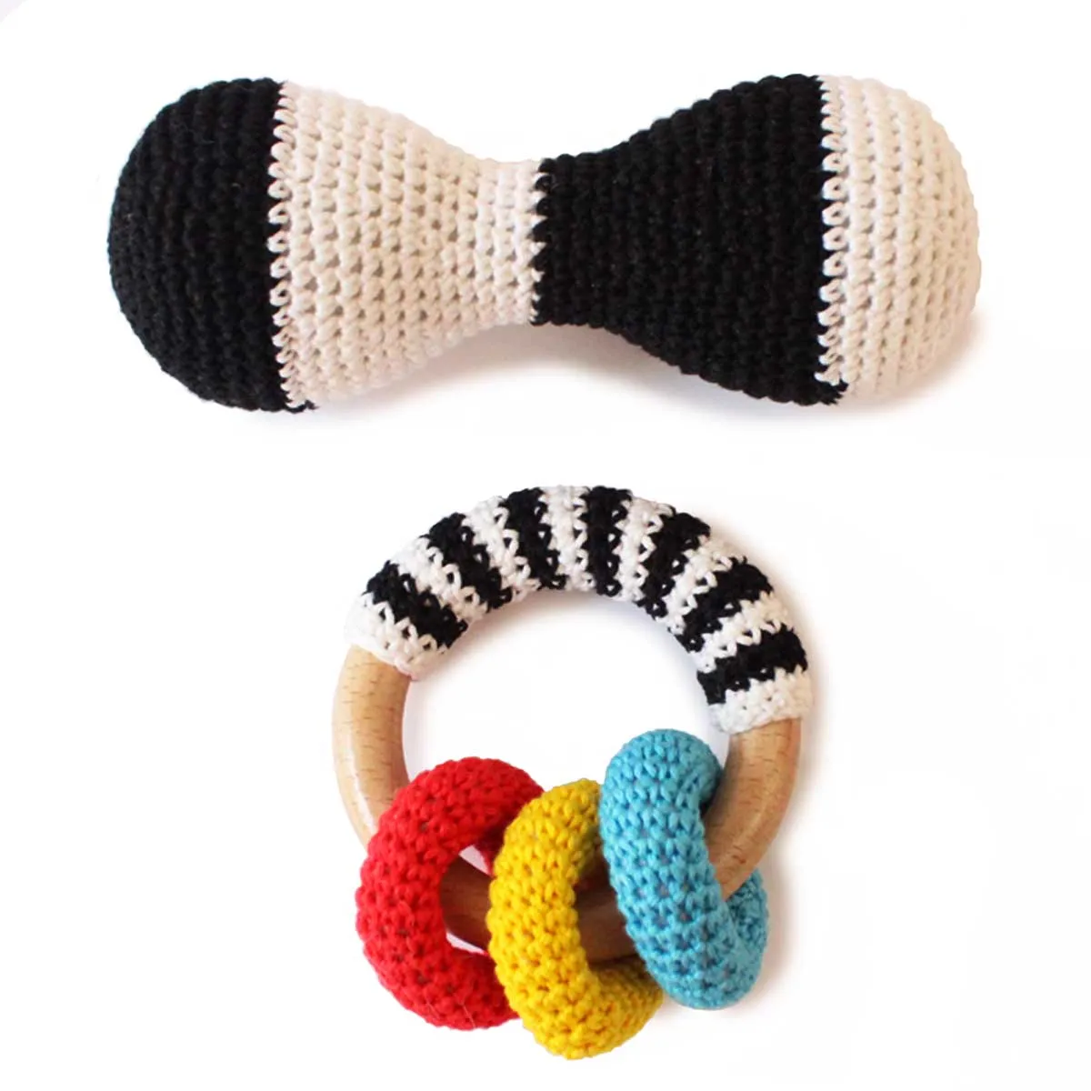 High Contrast Crochet and Wooden Rattles Set for Babies (0 Months )