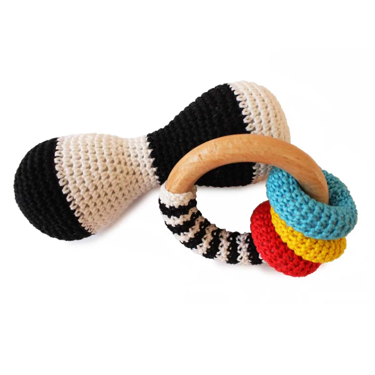 High Contrast Crochet and Wooden Rattles Set for Babies (0 Months )
