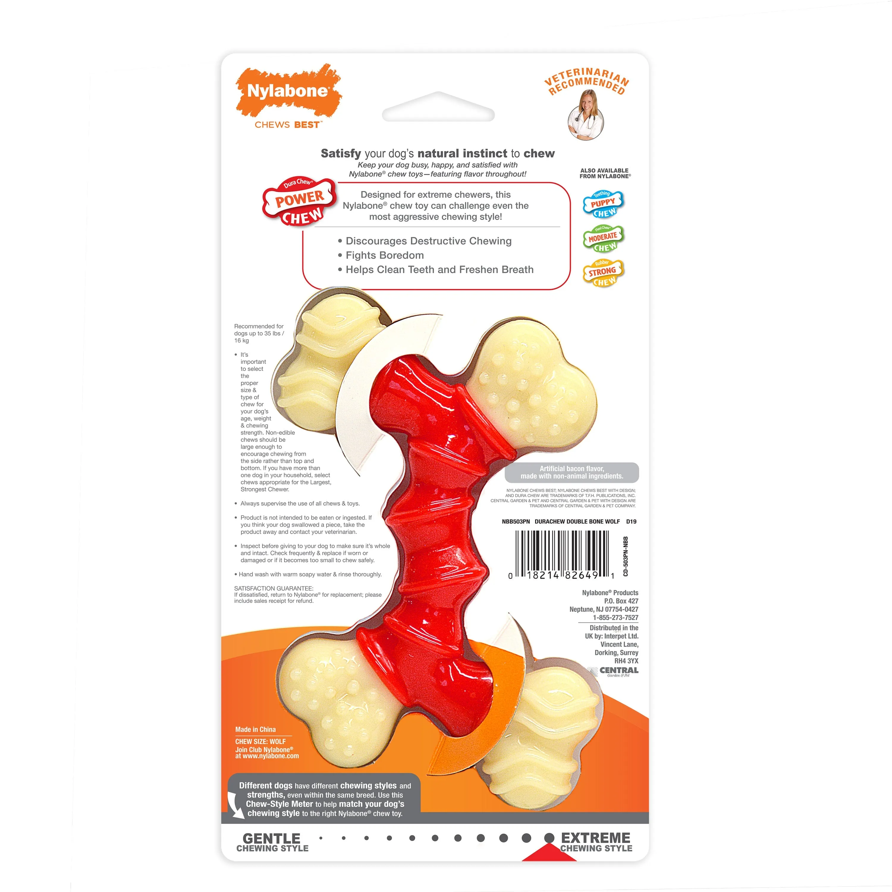 Nylabone Power Chew Double Bone Bacon Dog Chew Toy Peanut Butter 1ea/Medium/Wolf - Up To 35 lb